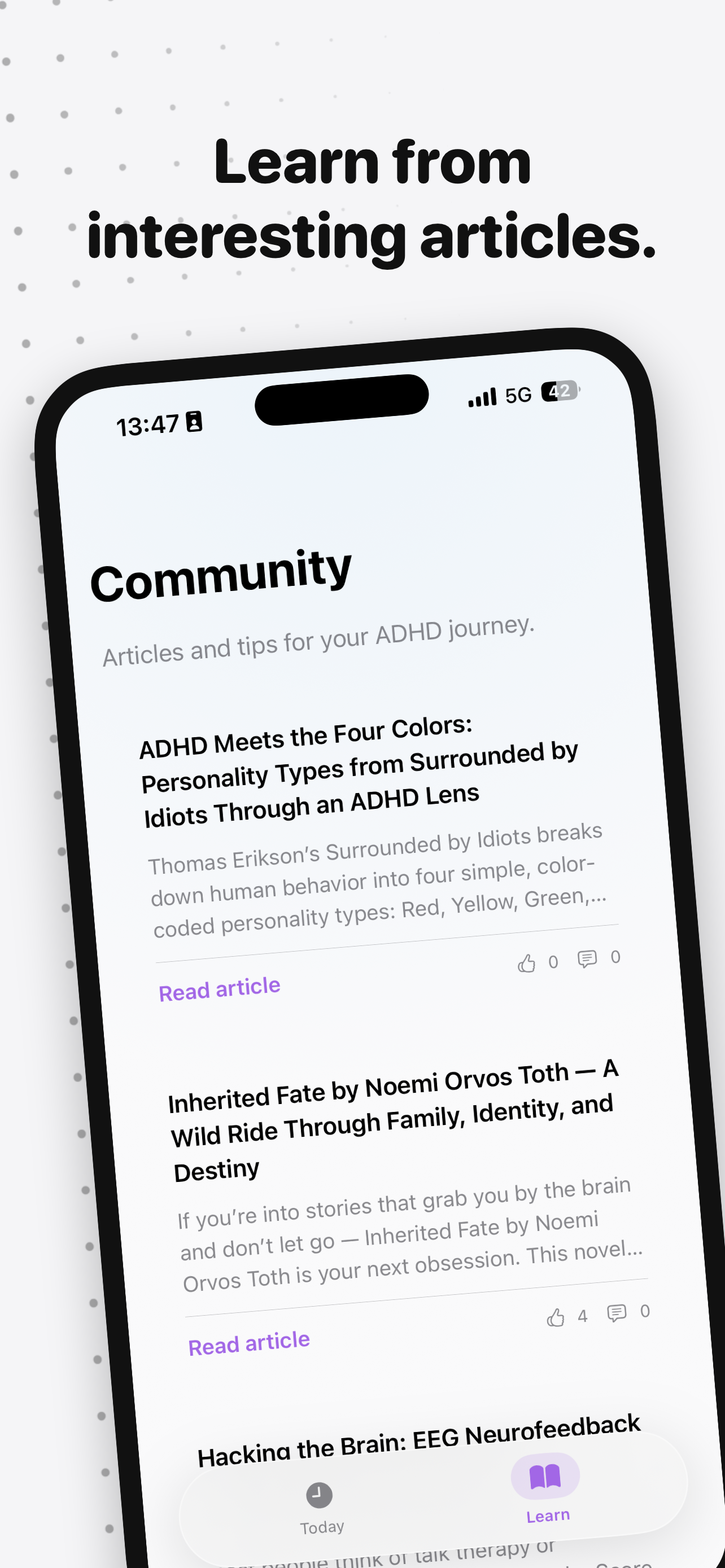 Learn tab showing articles